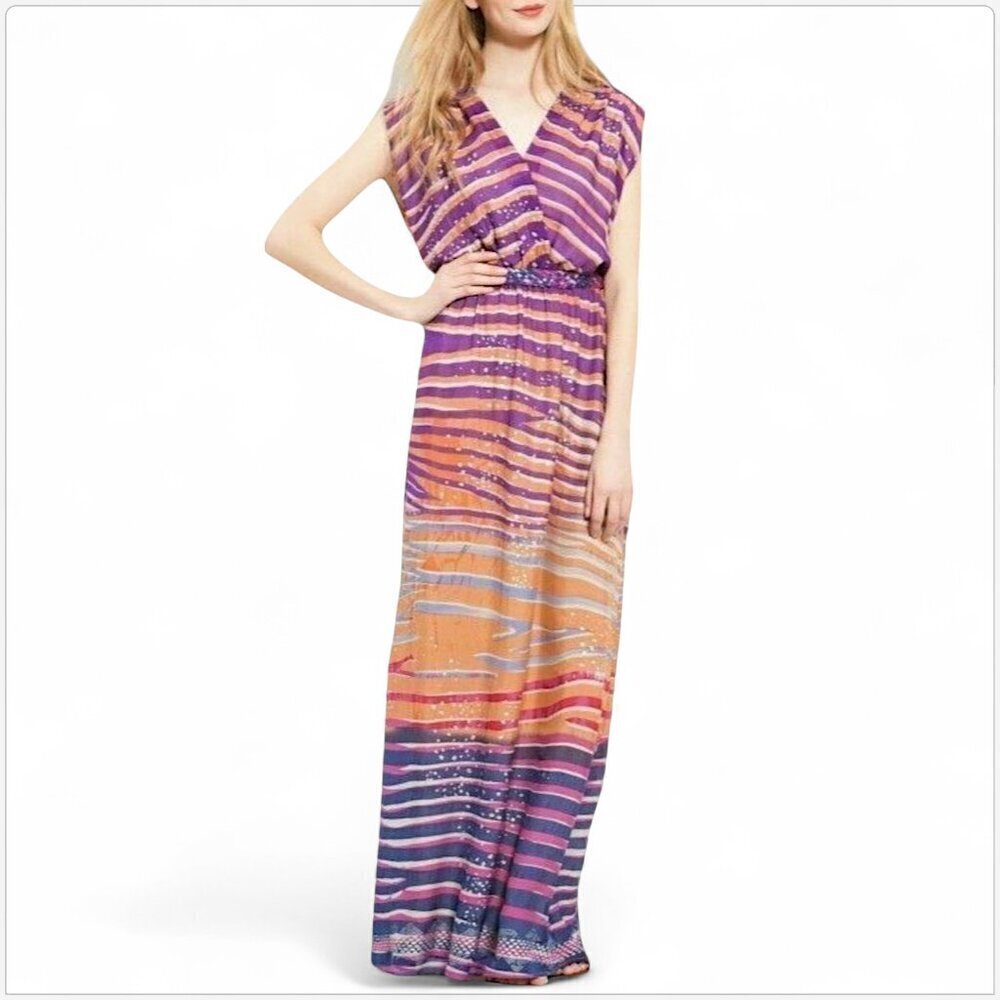 Presley Skye Long Jaclyn Silk Chiffon Colorful Maxi Belted Blouson Dress S